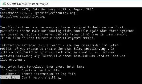 elige el modo «sin registro» para la recuperación de particiones RAW con TestDisk 