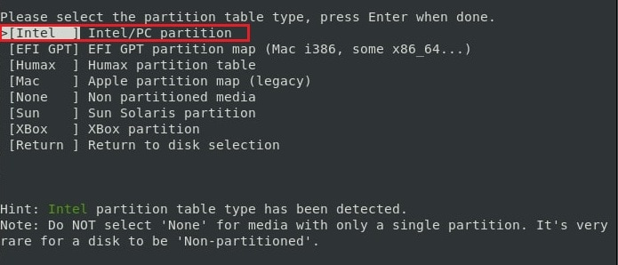 select intel/pc partition