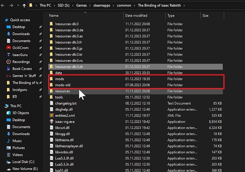 rename mods folder temporarily
