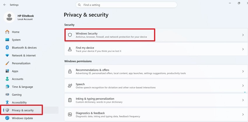 navigate to windows security settings