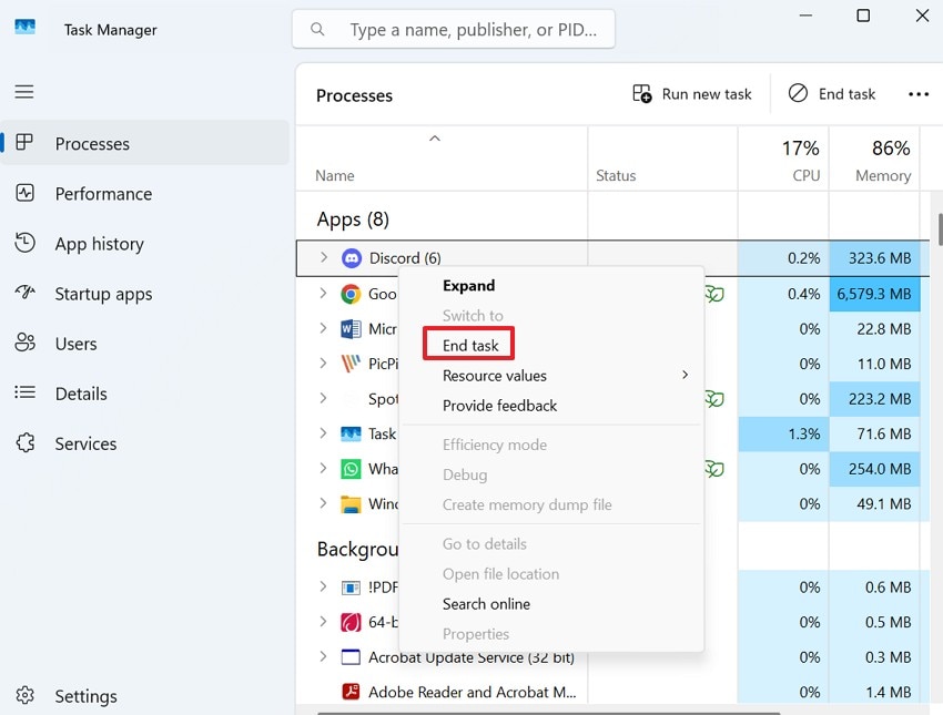 close background apps taskmanager