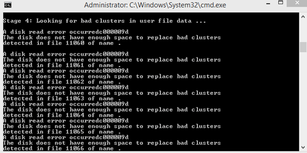 the disk does not have enough space to replace bad clusters