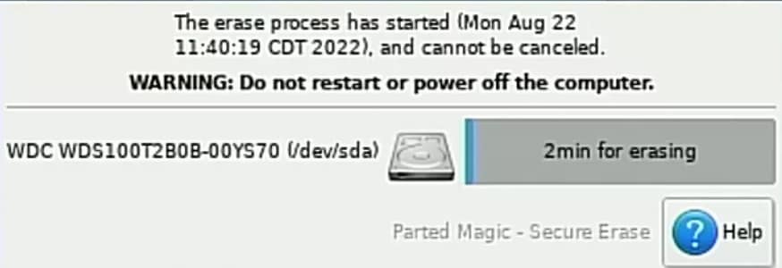 complete the ssd secure erase using parted magic