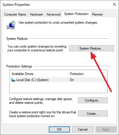 choose system restore from control panel