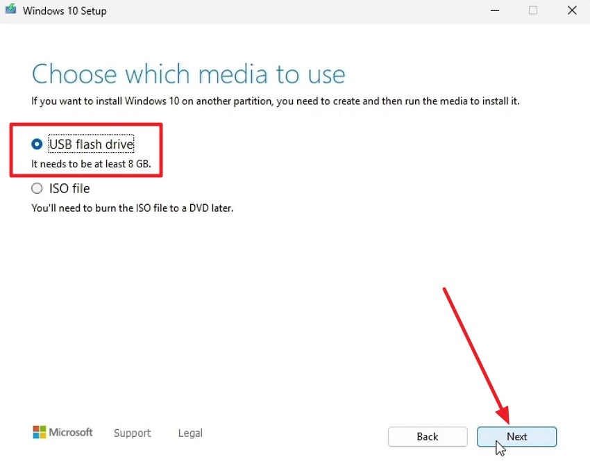 select usb flash drive option
