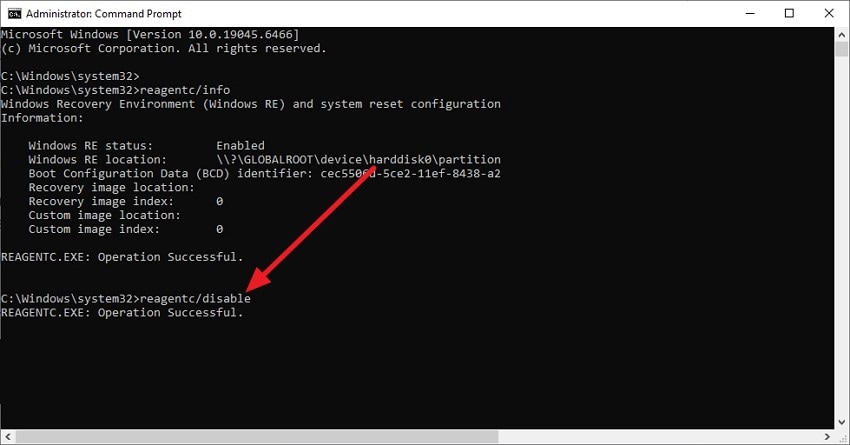 run command to disable winre