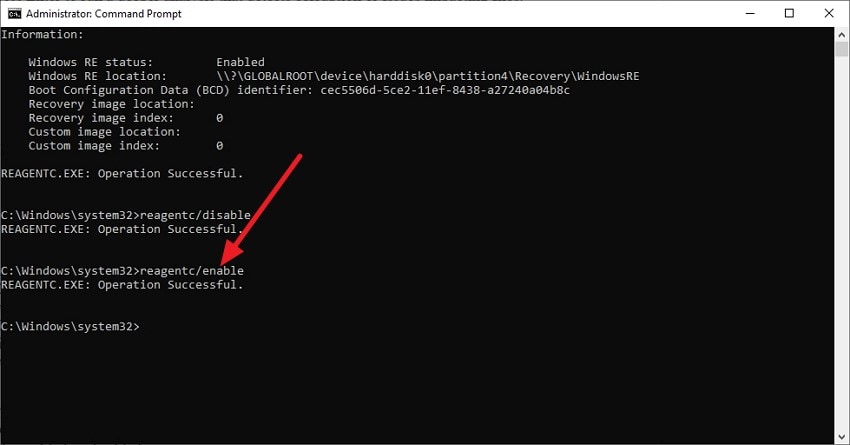re enable winre from cmd