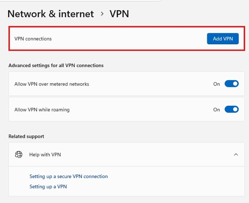 windows vpn connection list and advanced settings