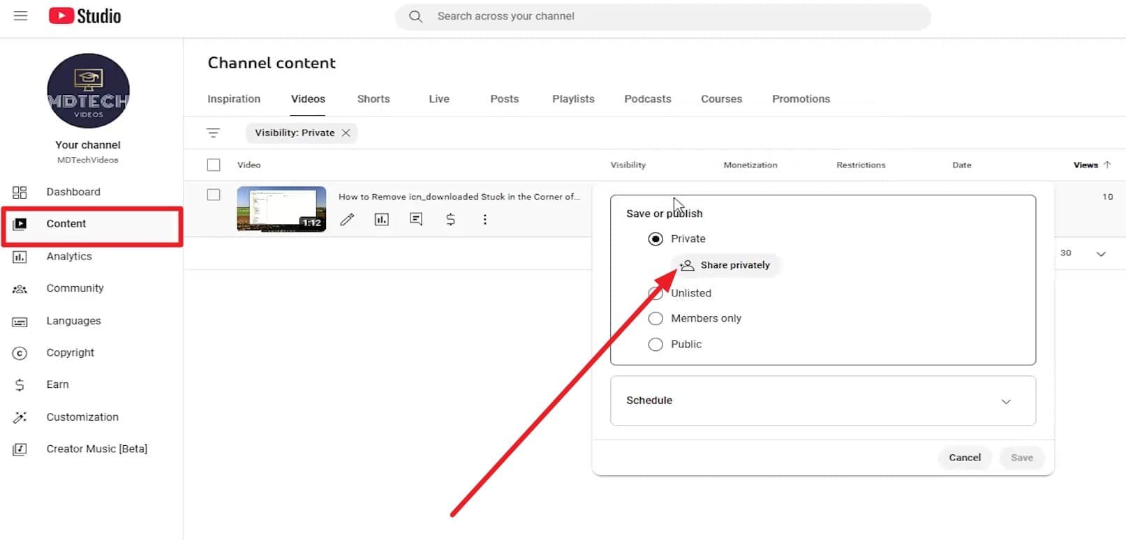 youtube studio private visibility and share privately option
