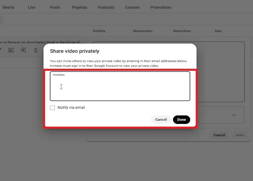 youtube studio private video invitation dialog