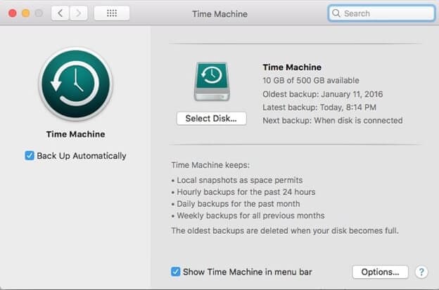 select options on the time machine preferences panel