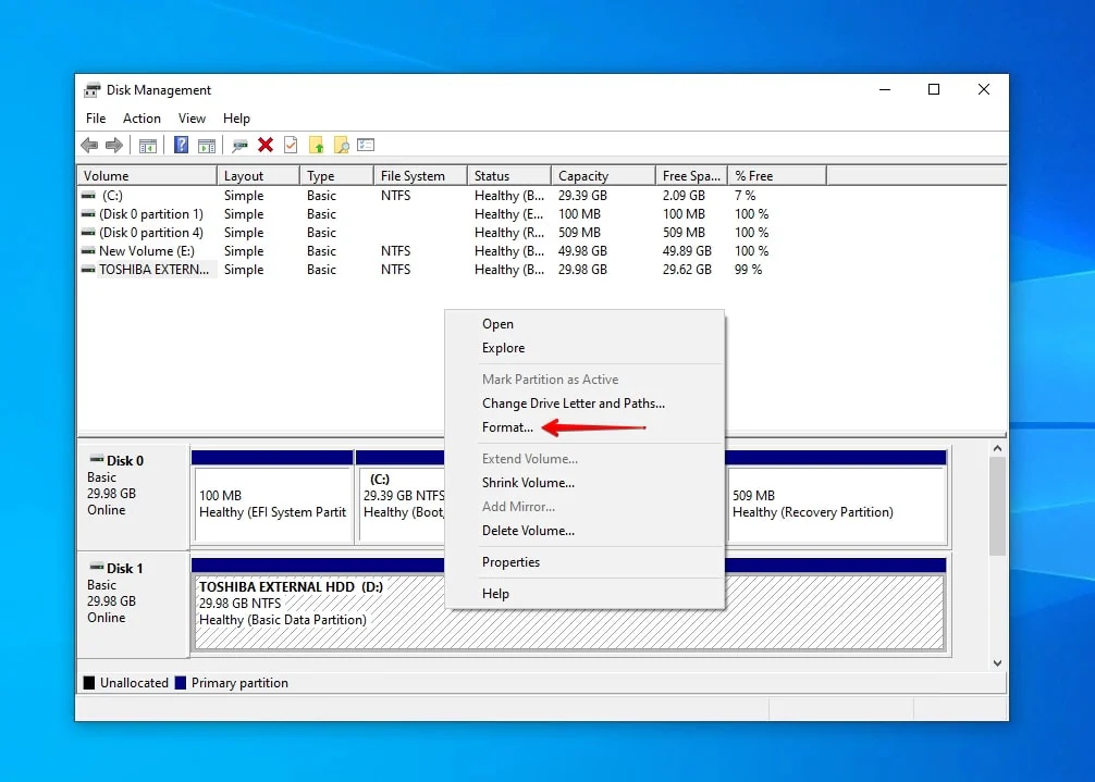 Klicken Sie auf Externes Toshiba-Laufwerk formatieren