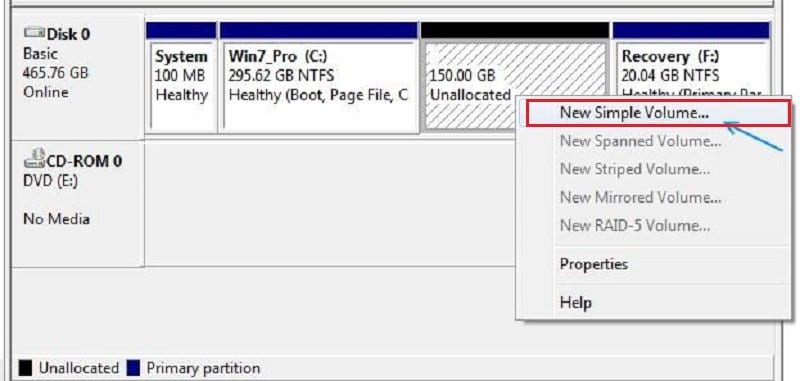 select new simple volume in disk management