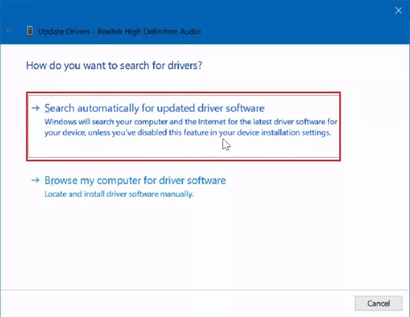select search automatically for updated driver software