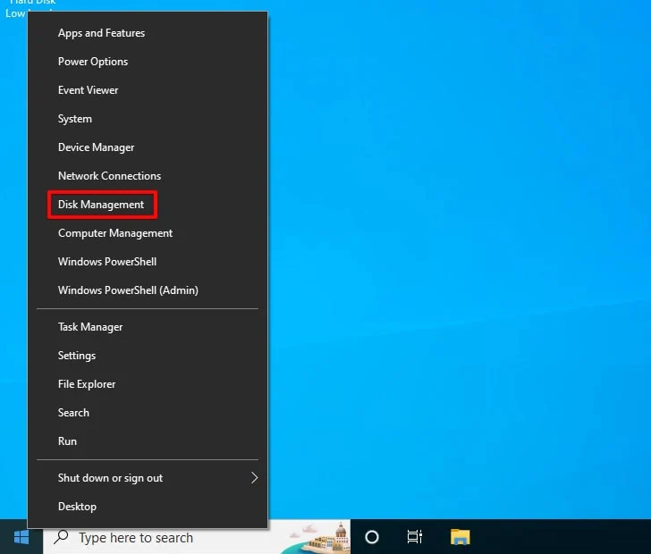 navigate to the start menu and open disk management