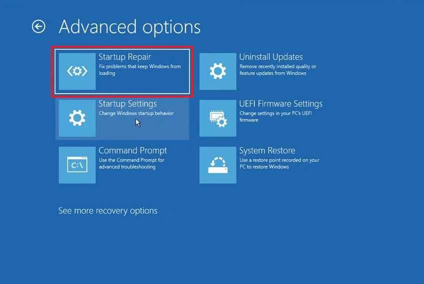choose startup repair in windows recovery environment