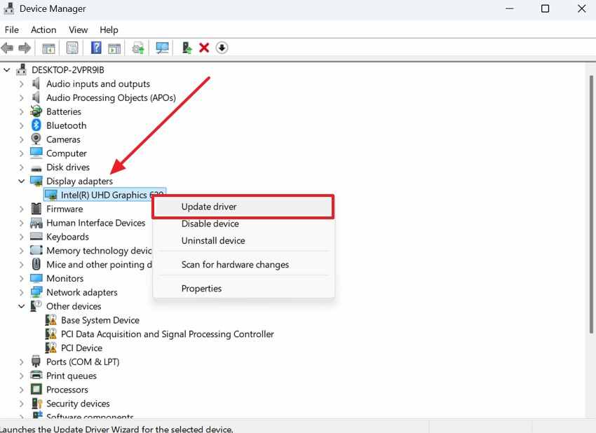 update or roll back the display adapter in device manager