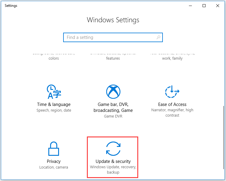 update & security settings on windows 10