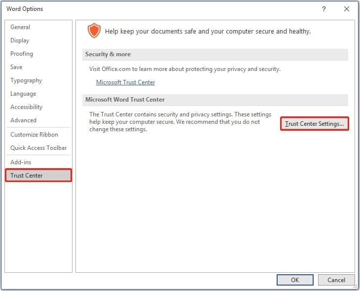 visit trust center settings