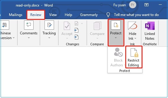 check restrict editing for word