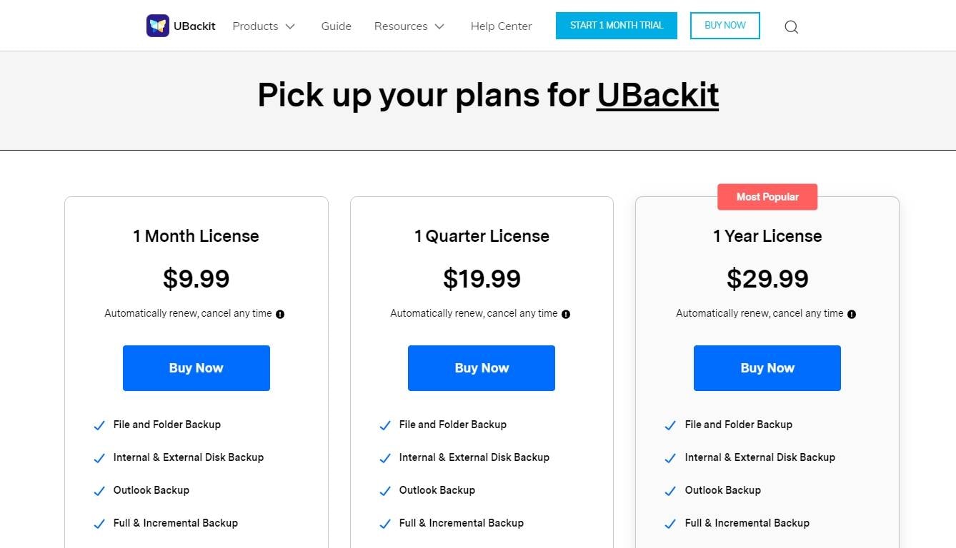 plan tarifaire de wondershare ubackit