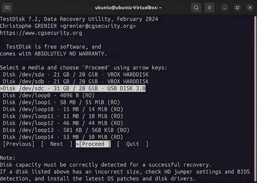 testdisk partition recovery interface on ubuntu