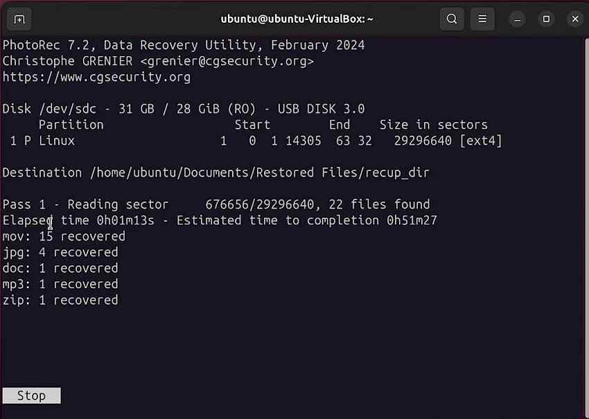 photorec file carving interface on ubuntu