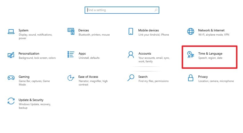 access settings choose time and language
