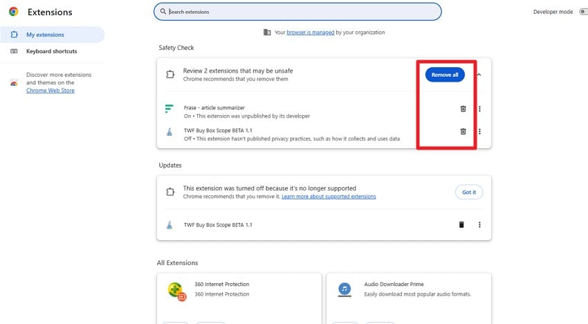remove selective or all extensions