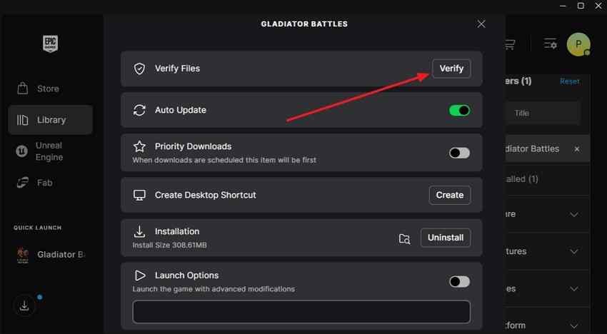 verify files button in epic games launcher game management
