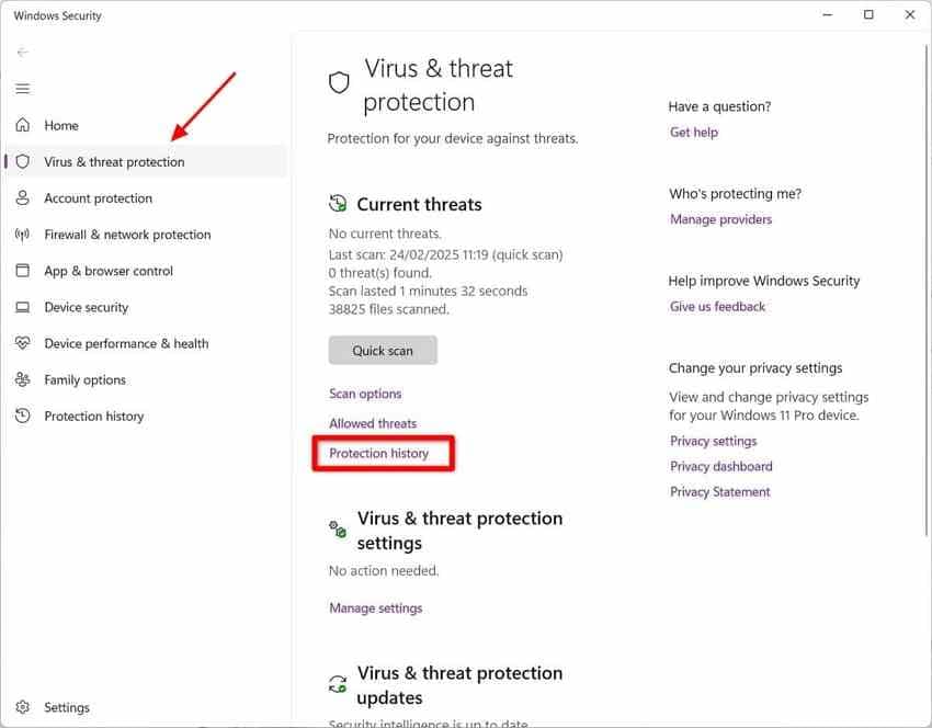 windows security virus and threat protection with protection history entry