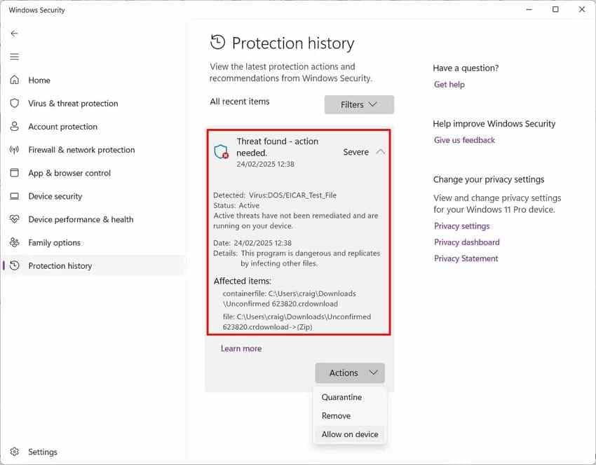 example of microsoft defender protection history alert details