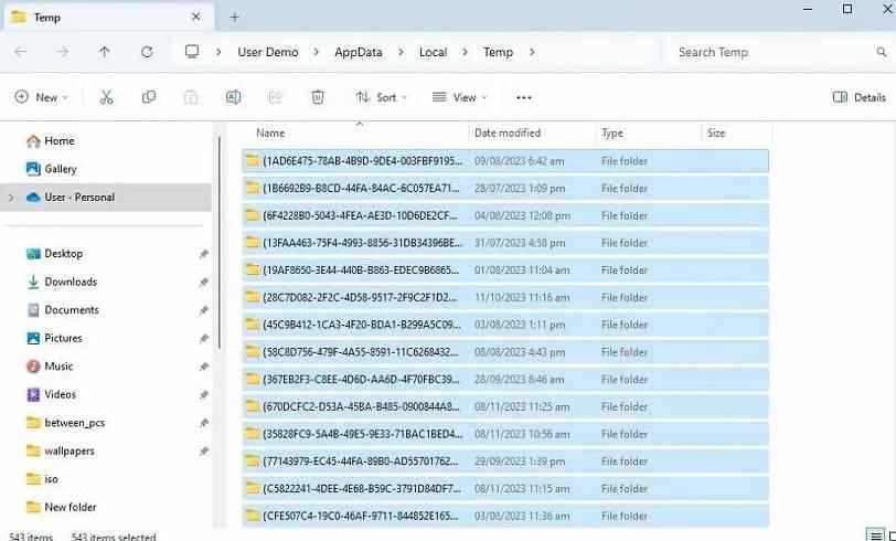 windows file explorer open to the temporary files directory
