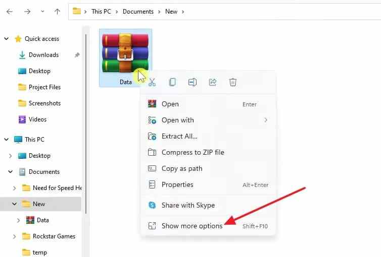 file explorer show more options menu for a downloaded archive