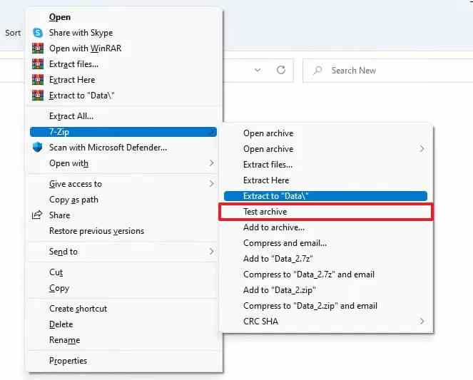 7-zip test archive command in the right click menu