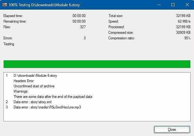 7-zip archive test reporting data errors in archived files