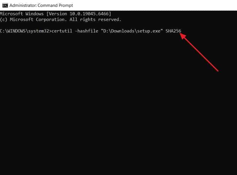 certutil sha256 command for an installer file in command prompt