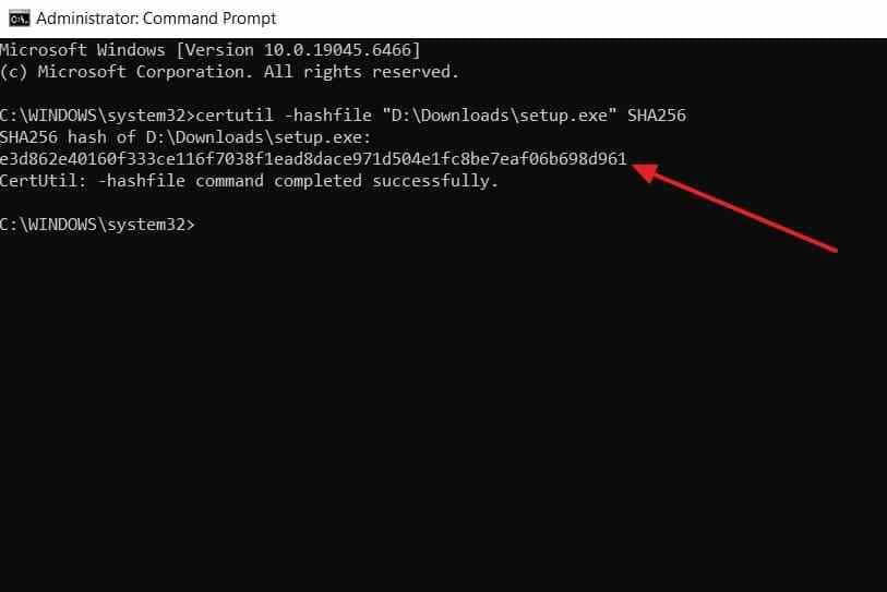 command prompt displays the calculated installer sha256 hash