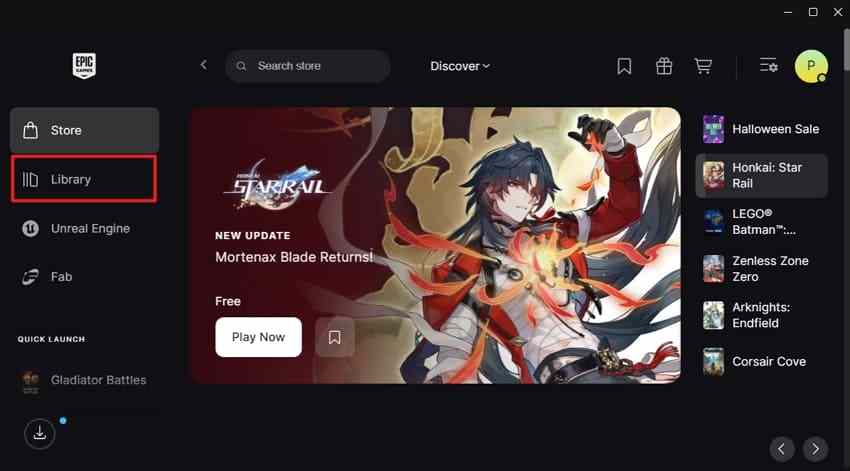 epic games launcher with the library navigation selected
