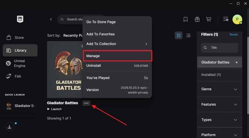 epic games installed game menu with manage selected