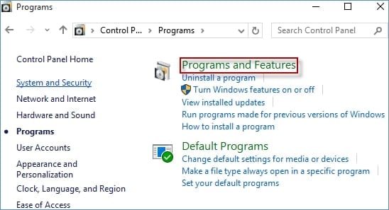 open programs and features on windows 10
