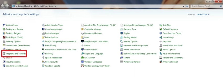 click programs and features os 7