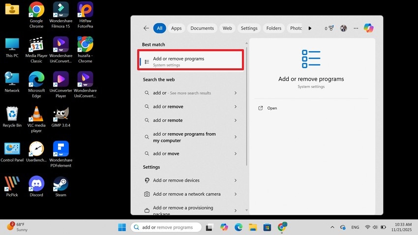 select add or remove programs