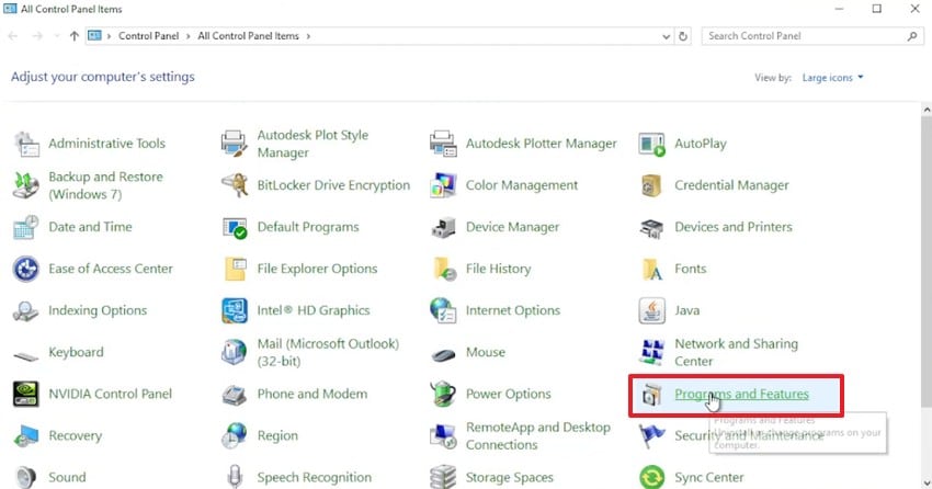 select programs and features tab