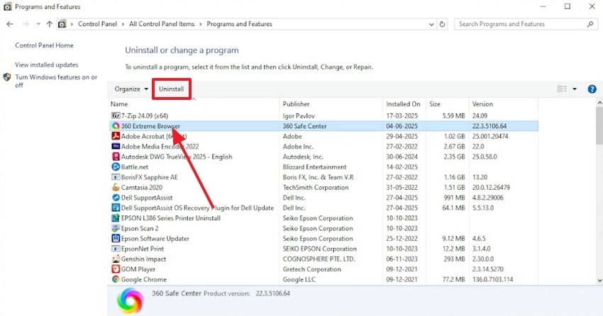 uninstall 360 browser windows 10