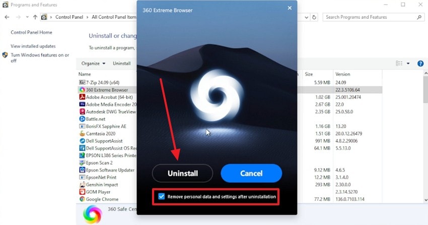 check box and remove browser