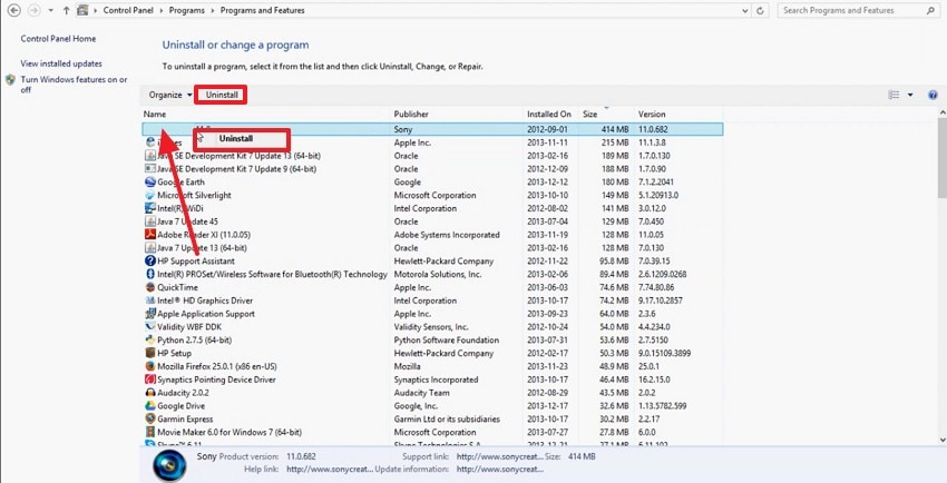 click uninstall to remove program windows 8