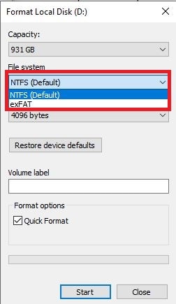 select ntfs or exfat file system
