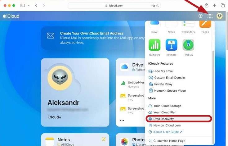 find the icloud data recovery option