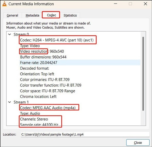 vlc codec information identifying h264 video and aac audio streams